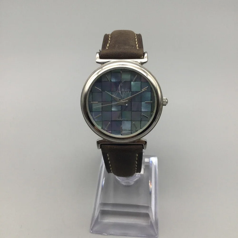 Aria Womens Watch 34mm Abalone Mosaic Dial Brown Leather Band New Battery
